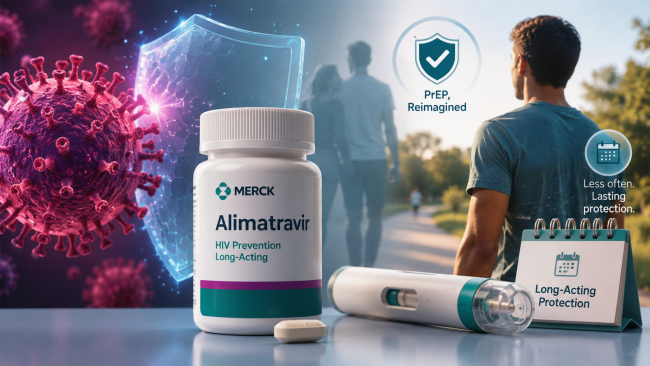 A bottle of Alimatarevir HIV prevention medication with a syringe and a box labeled PrEP, Reimagined, highlighting less freq…