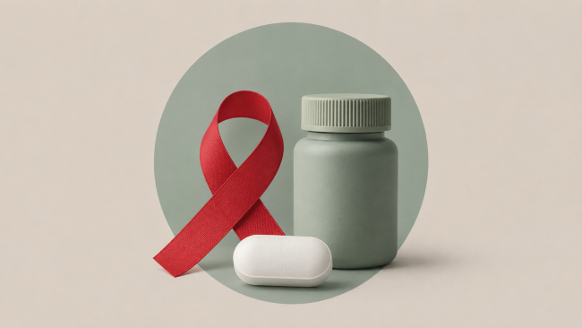 A red heart with a white bandage on a green background, next to a white pill bottle with a green label.