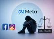 A person sitting on a balance scale with Facebook and Instagram logos on one side and Meta logo on the other, with "$567 mil…