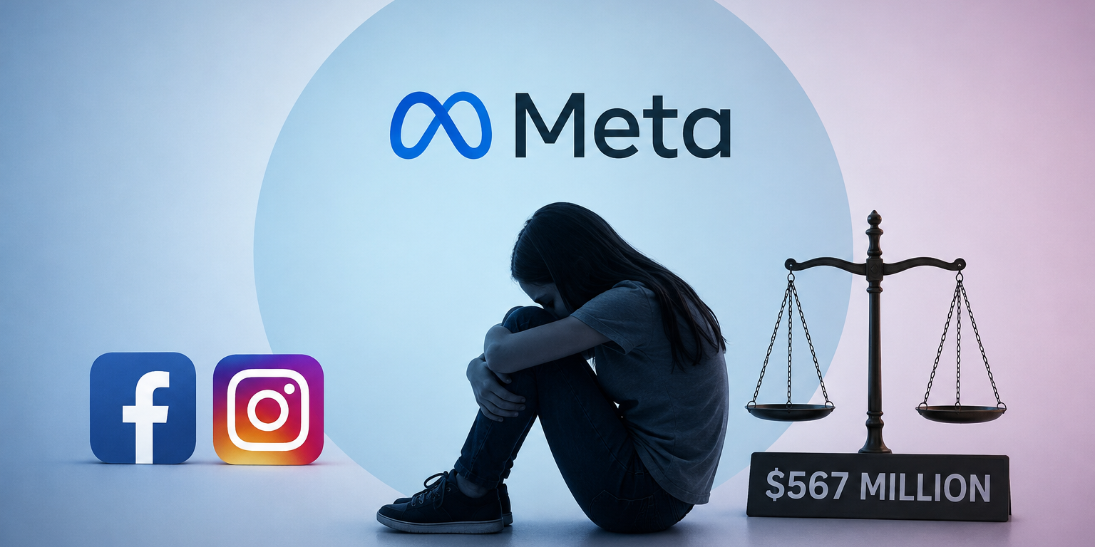 A person sitting on a balance scale with Facebook and Instagram logos on one side and Meta logo on the other, with "$567 mil…
