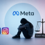 A person sitting on a balance scale with Facebook and Instagram logos on one side and Meta logo on the other, with "$567 mil…