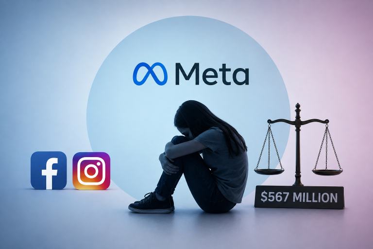 A person sitting on a balance scale with Facebook and Instagram logos on one side and Meta logo on the other, with "$567 mil…
