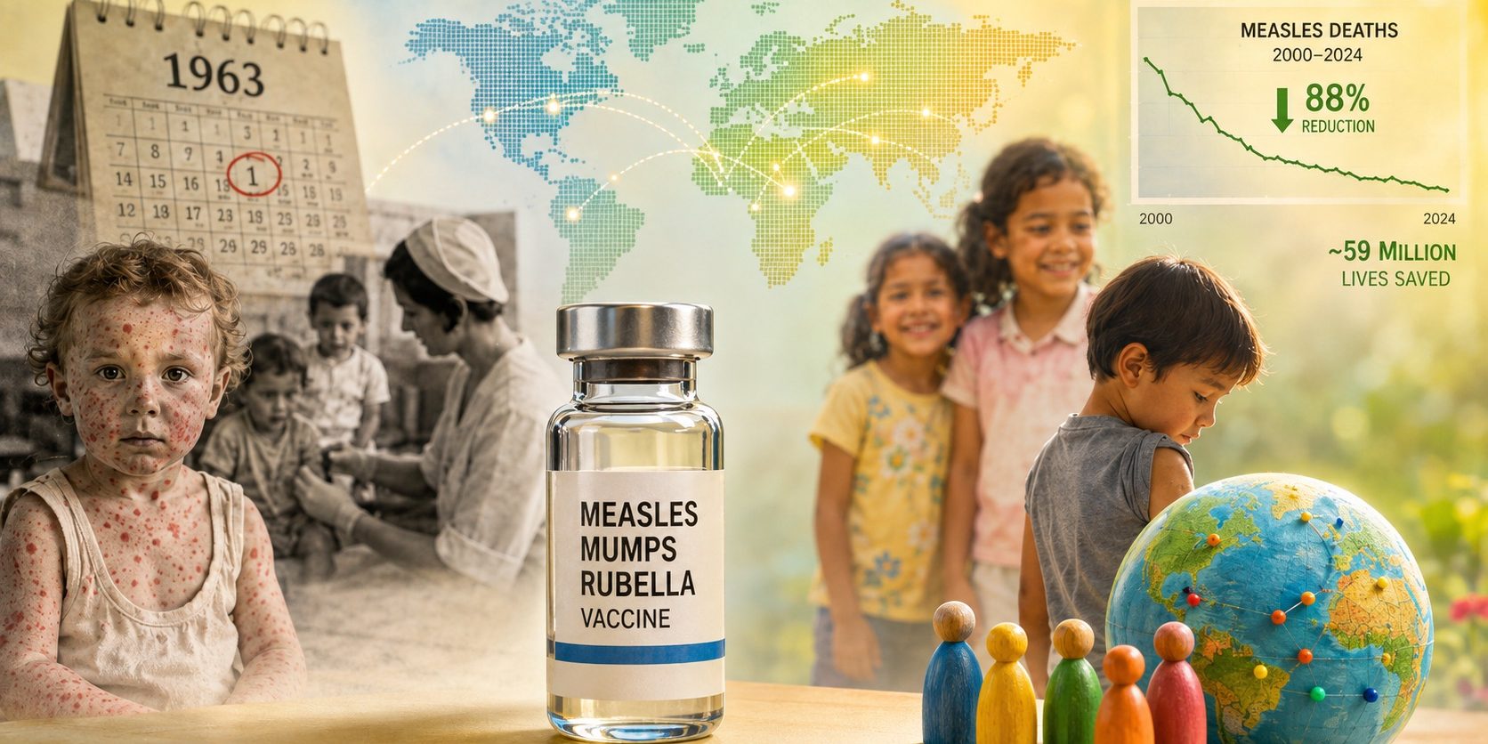 A 1963 calendar, a vial labeled Measles Mumps Rubella Vaccine, and a graph showing an 88% reduction in measles deaths from 2…
